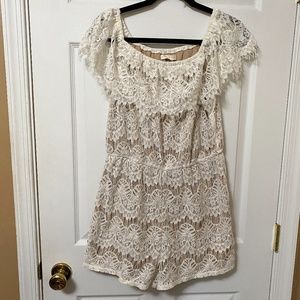 Tan Romper with Off-White Lace OverLay